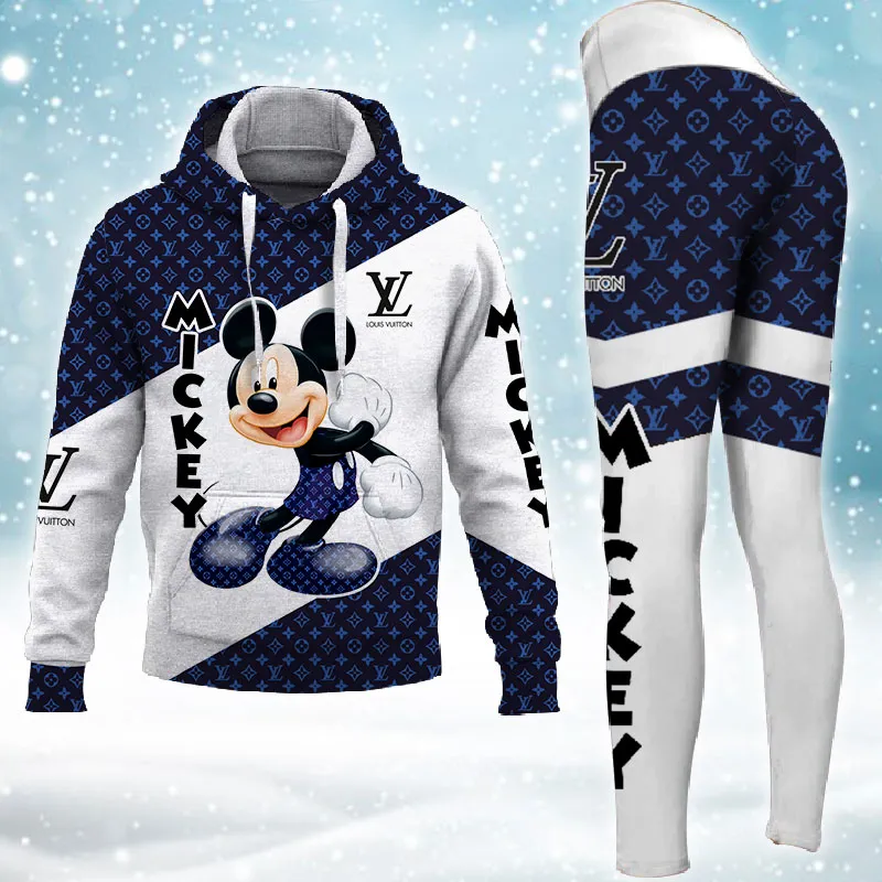 Louis Vuitton Mickey Mouse White Blue Luxury Brand Hoodie Leggings Set Clothing Clothes Outfit For Women