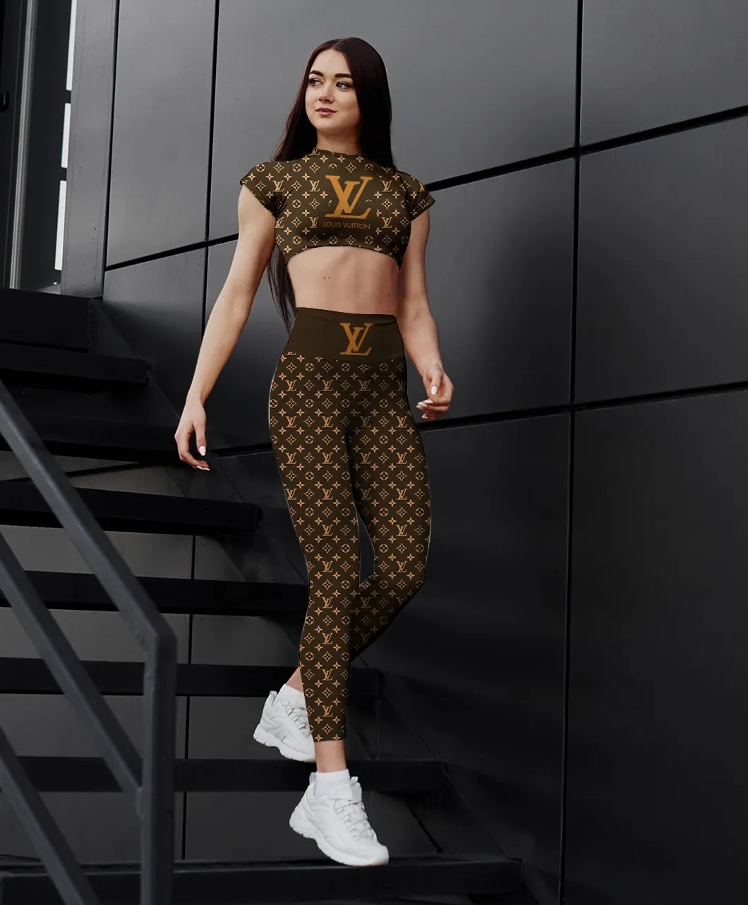 Louis Vuitton LV Logo Brown Luxury Brand Premium Clothes Leggings and Crop Top Set Special Outfit For Women