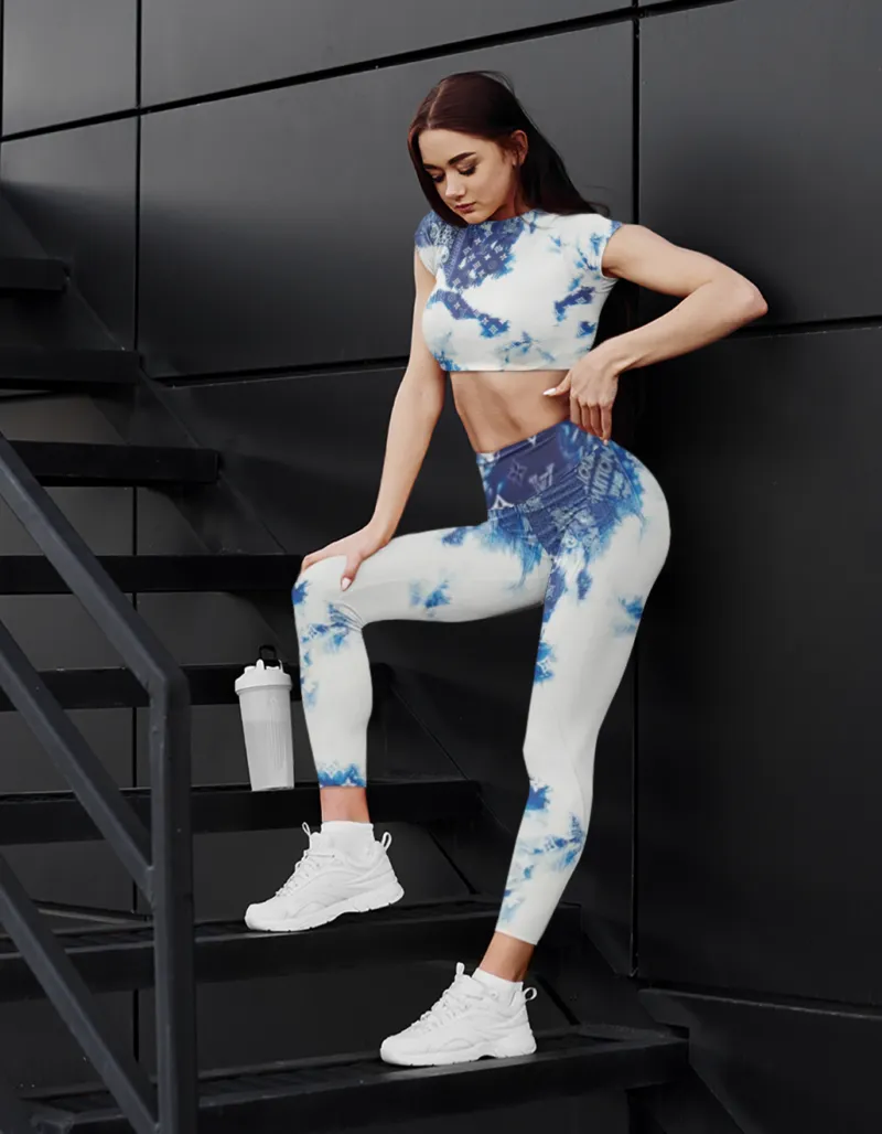 Louis Vuitton LV Blue White Luxury Brand Premium Clothes Leggings and Crop Top Set Special Outfit For Women