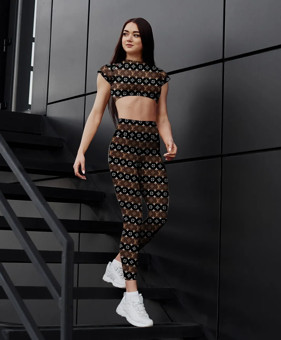 Louis Vuitton LV Logo Brown Black Luxury Brand Premium Clothes Leggings and Crop Top Set Special Outfit For Women