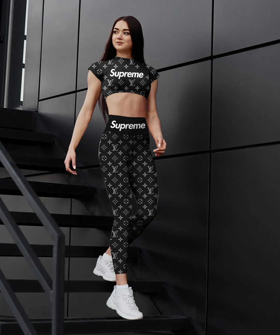 Louis Vuitton Supreme Logo Black Luxury Brand Premium Clothes Leggings and Crop Top Set Special Outfit For Women