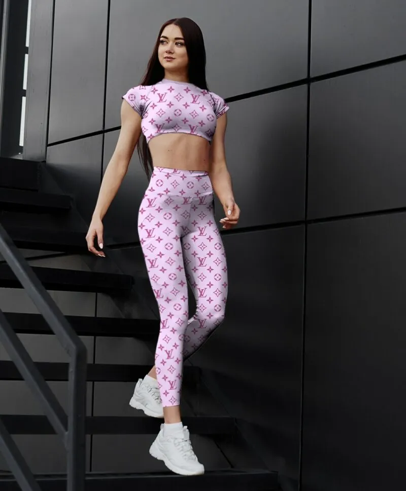 Louis Vuitton Logo Pinky Luxury Brand Premium Clothes Leggings and Crop Top Set Special Outfit For Women