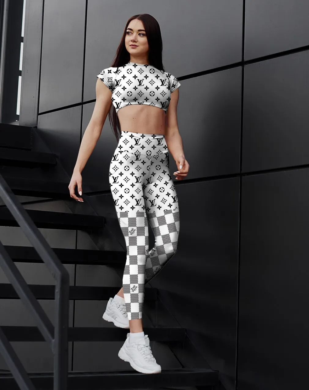 Louis Vuitton LV White Luxury Brand Premium Clothes Leggings and Crop Top Set Special Outfit For Women