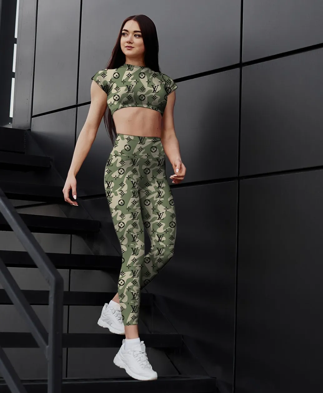Louis Vuitton LV Camo Luxury Brand Premium Clothes Leggings and Crop Top Set Special Outfit For Women