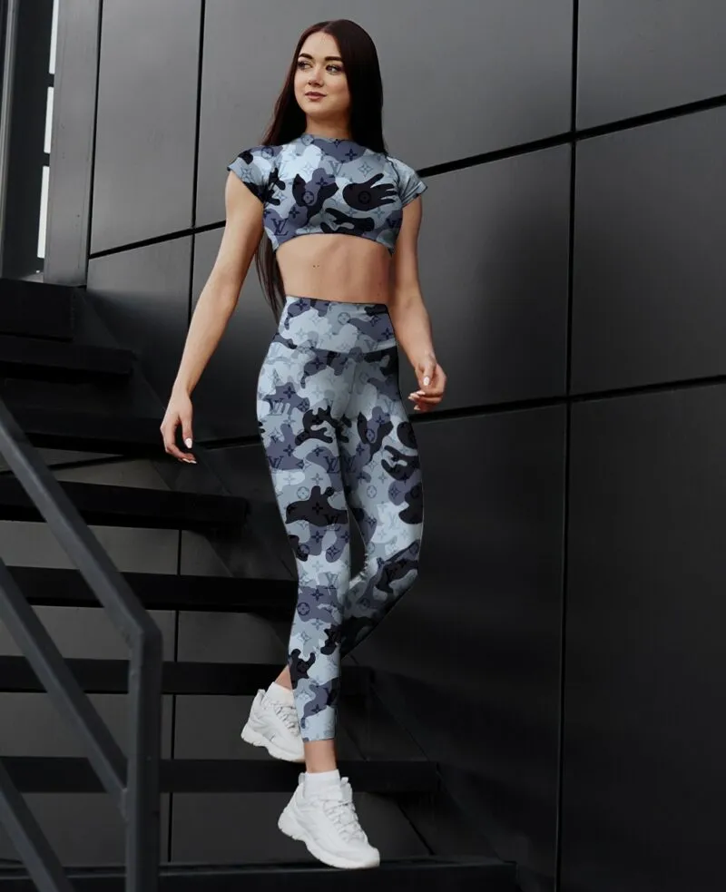 Louis Vuitton LV Grey Camo Luxury Brand Premium Clothes Leggings and Crop Top Set Special Outfit For Women