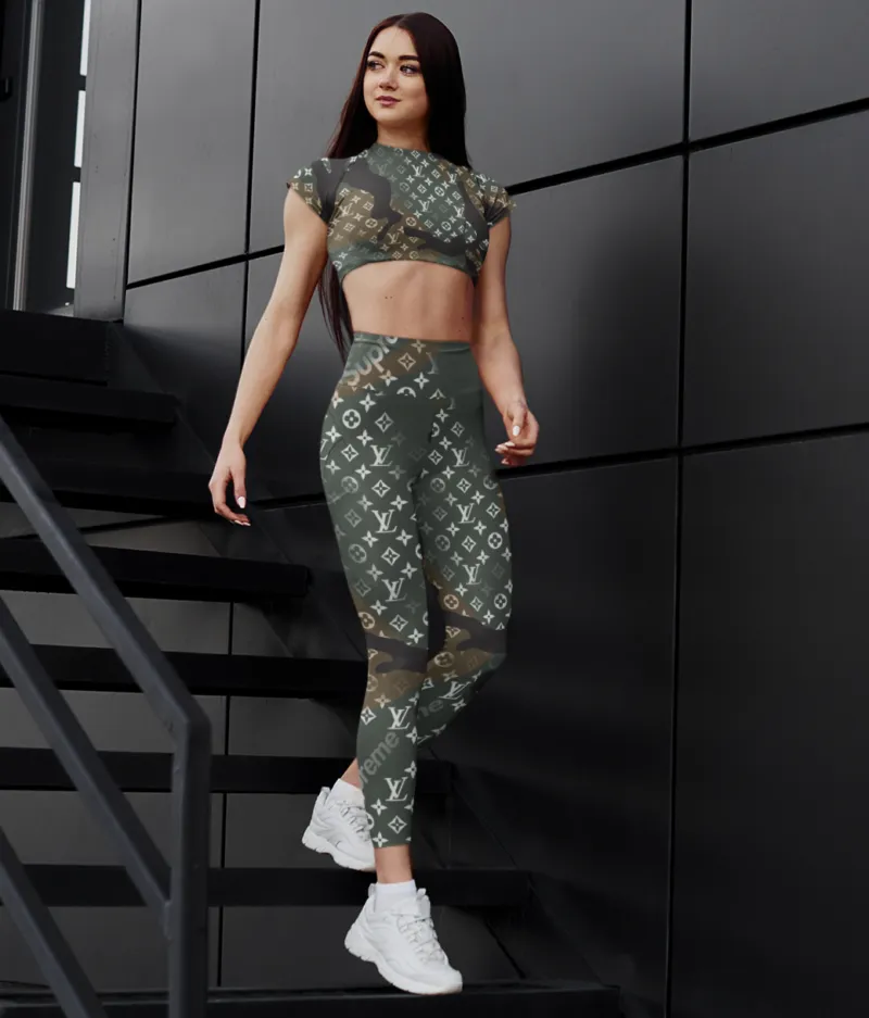 Louis Vuitton LV Logo Camo Luxury Brand Premium Clothes Leggings and Crop Top Set Special Outfit For Women