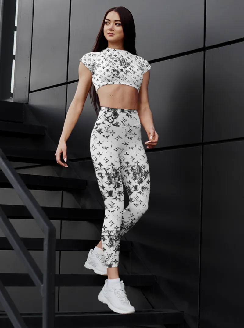 Louis Vuitton LV Logo White Luxury Brand Leggings and Crop Top Set Premium Clothes Special Outfit For Women