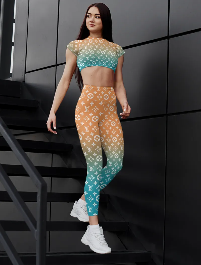 Louis Vuitton LV Orange Blue Gradient Luxury Brand Leggings and Crop Top Set Premium Clothes Special Outfit For Women