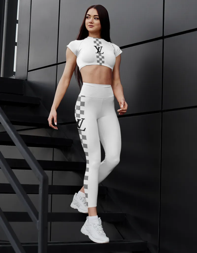 Louis Vuitton LV White Luxury Brand Leggings and Crop Top Set Premium Clothes Special Outfit For Women