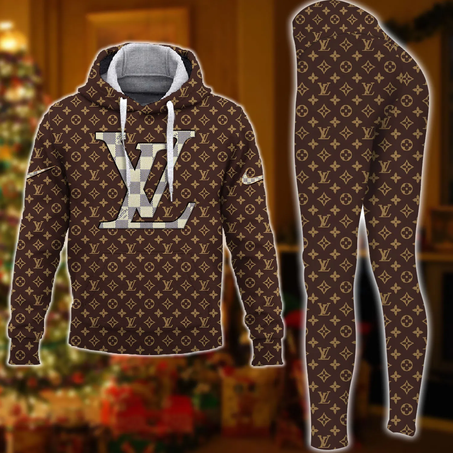 Louis Vuitton Brown Luxury Brand Hoodie Leggings Set Clothing Clothes Outfit For Women