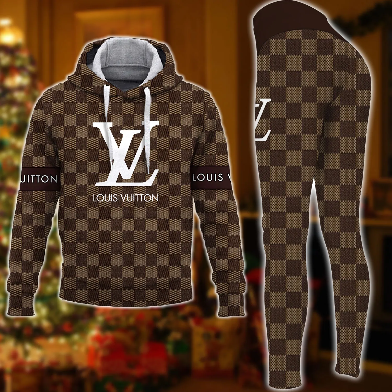 Louis Vuitton White Logo Brown Luxury Brand Hoodie Leggings Set Clothing Clothes Outfit For Women