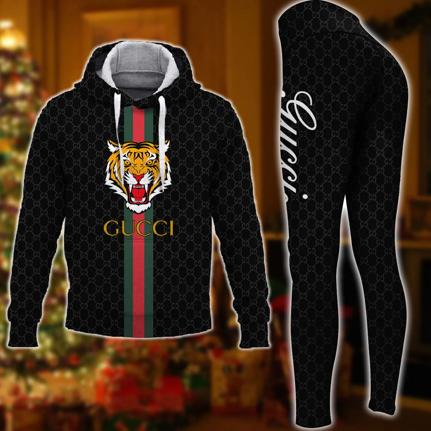 Gucci Tiger Black Luxury Brand Hoodie Leggings Set Clothing Clothes Outfit For Women