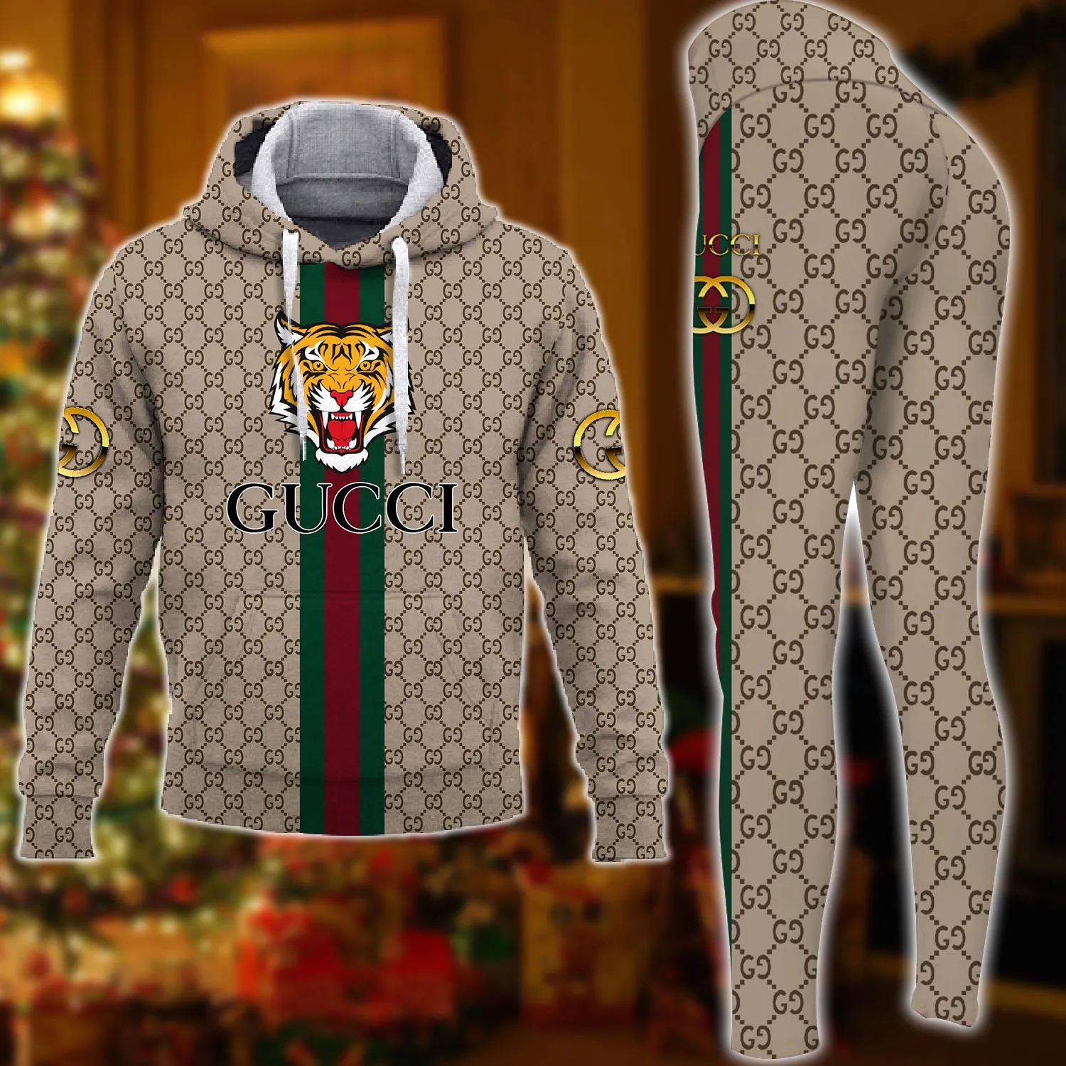 Gucci Tiger Brown Luxury Brand Hoodie Leggings Set Clothing Clothes Outfit For Women