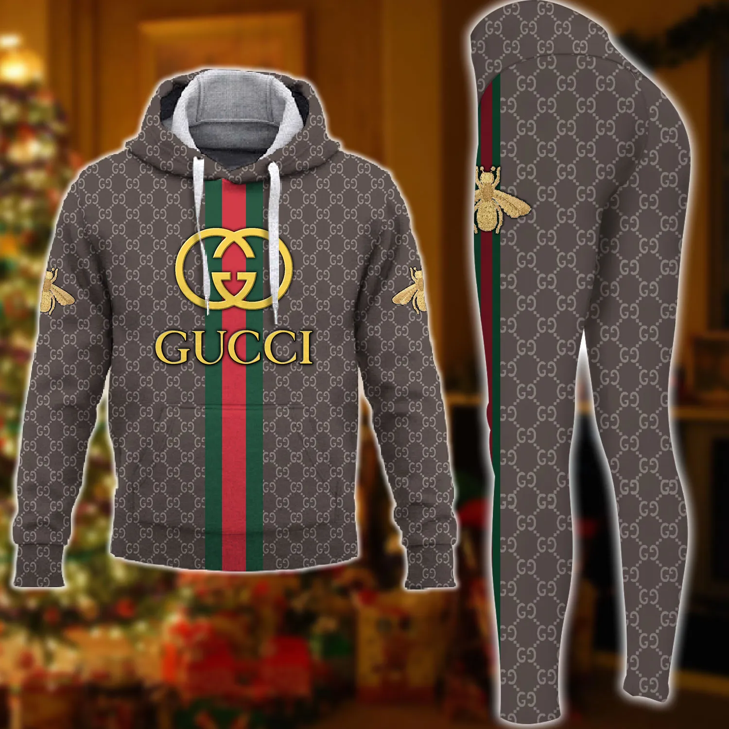 Gucci Bee Brown Luxury Brand Hoodie Leggings Set Clothing Clothes Outfit For Women