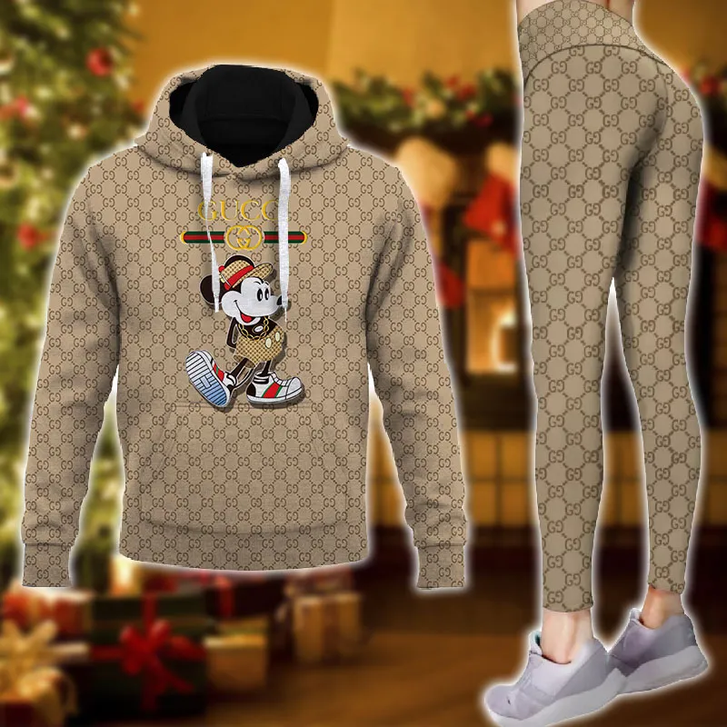 Gucci Mickey Mouse Brown Luxury Brand Hoodie Leggings Set Clothing Clothes Outfit For Women
