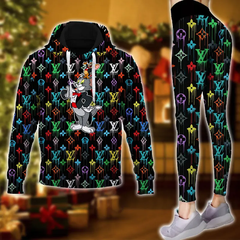Louis Vuitton Tom & Jerry Colorful Logo Black Luxury Brand Hoodie Leggings Set Clothing Clothes Outfit For Women