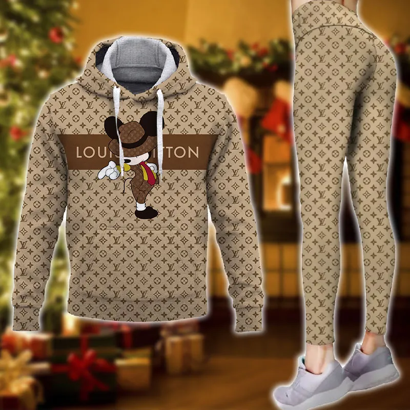 Louis Vuitton Mickey Mouse Brown Luxury Brand Hoodie Leggings Set Clothing Clothes Outfit For Women