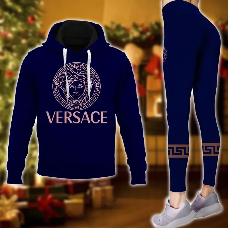 Versace Blue Luxury Brand Hoodie Leggings Set Clothing Clothes Outfit For Women
