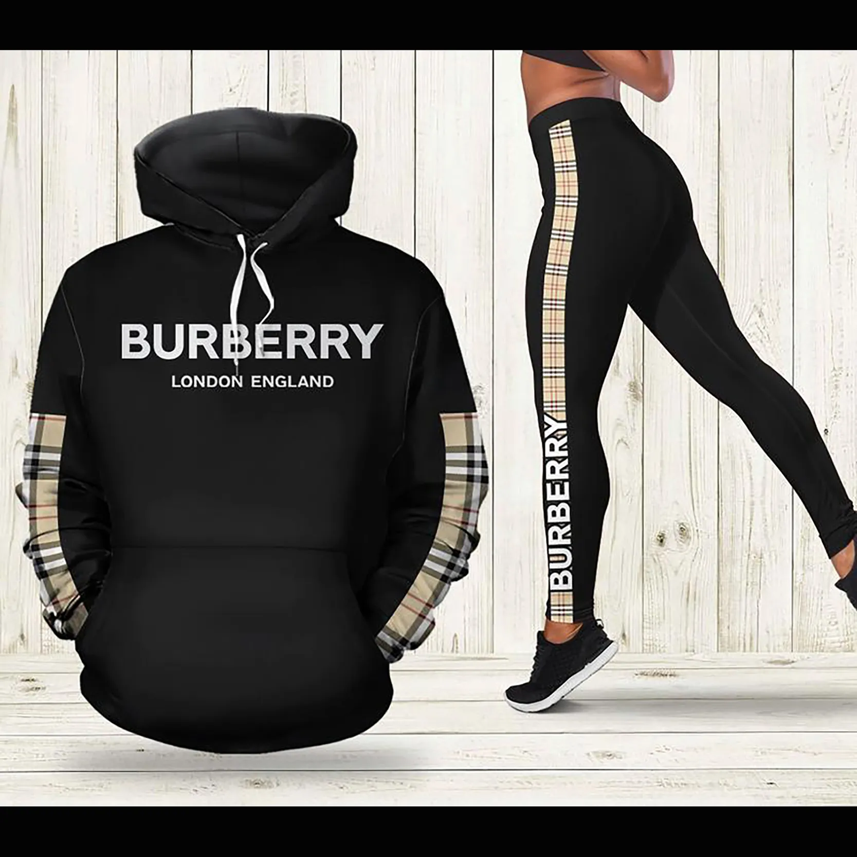Burberry London England Black Luxury Brand Hoodie Leggings Set Clothing Clothes Outfit For Women