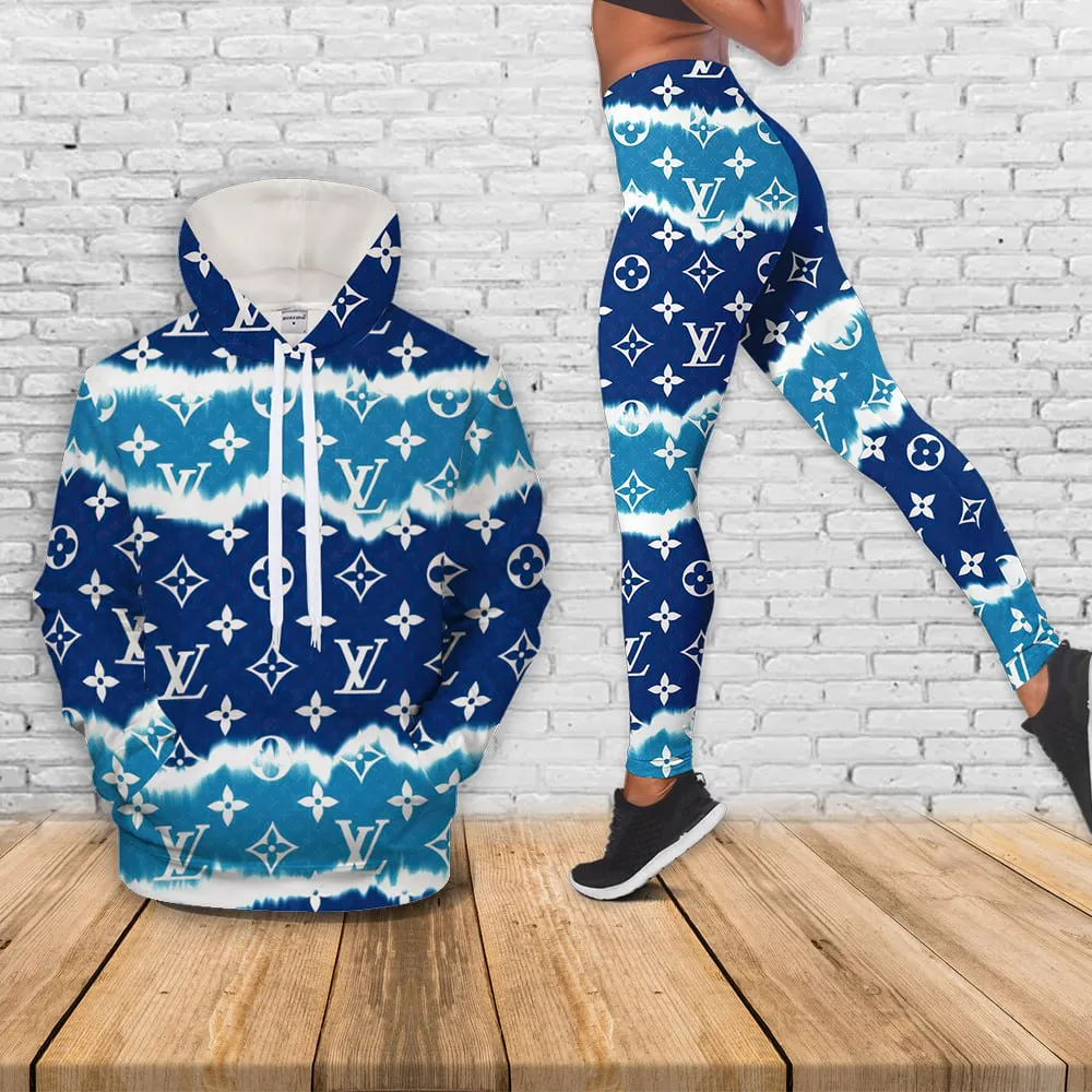 Louis Vuitton Blue White Luxury Brand Hoodie Leggings Set Clothing Clothes Outfit For Women