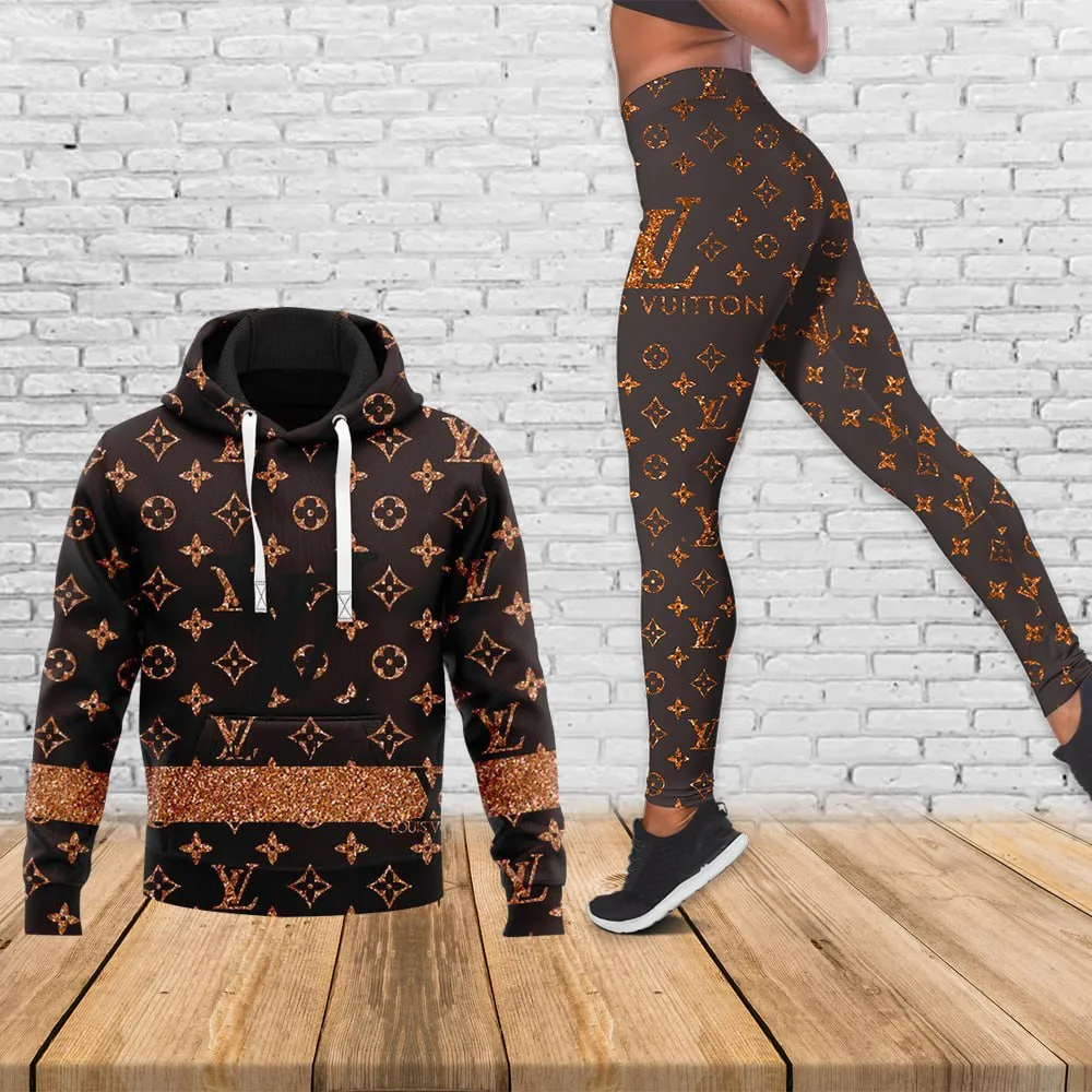 Louis Vuitton Gold Logo Brown Luxury Brand Hoodie Leggings Set Clothing Clothes Outfit For Women