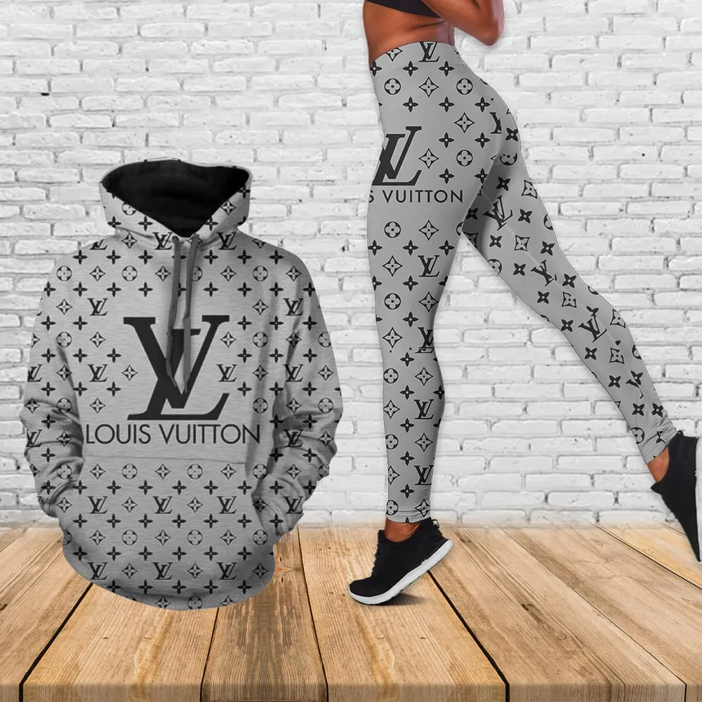 Louis Vuitton Black Logo Grey Luxury Brand Hoodie Leggings Set Clothing Clothes Outfit For Women