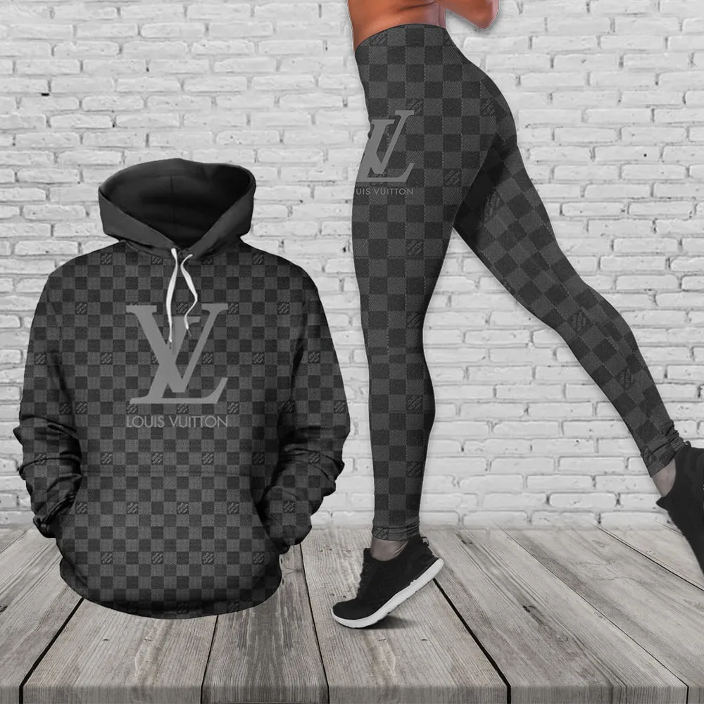 Louis Vuitton Grey Luxury Brand Fashion Hoodie Leggings Set Clothing Clothes Outfit For Women