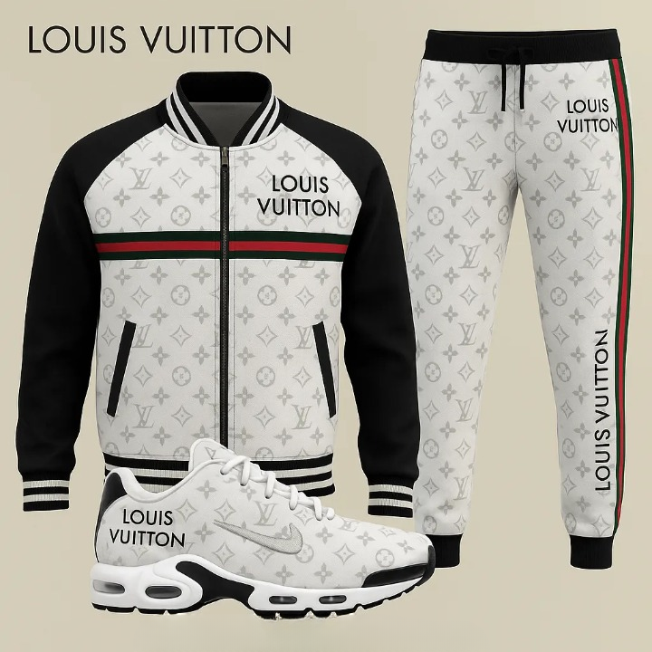 Louis Vuitton LV Black White Luxury Brand Premium Varsity Tracksuit Set Special Collection Fashion Style