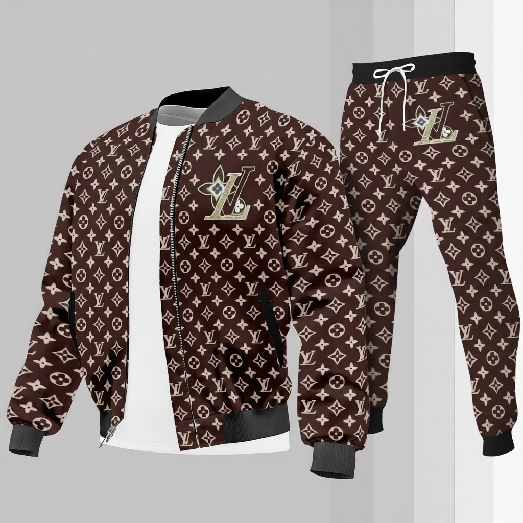 Louis Vuitton LV Logo Brown Luxury Brand Premium Varsity Tracksuit Set Special Collection Fashion Style