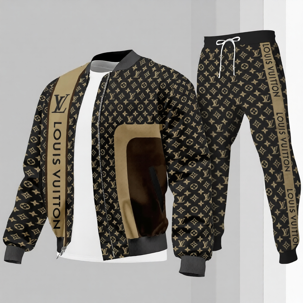 Louis Vuitton LV Brown Luxury Brand Premium Varsity Tracksuit Set Special Collection Fashion Style