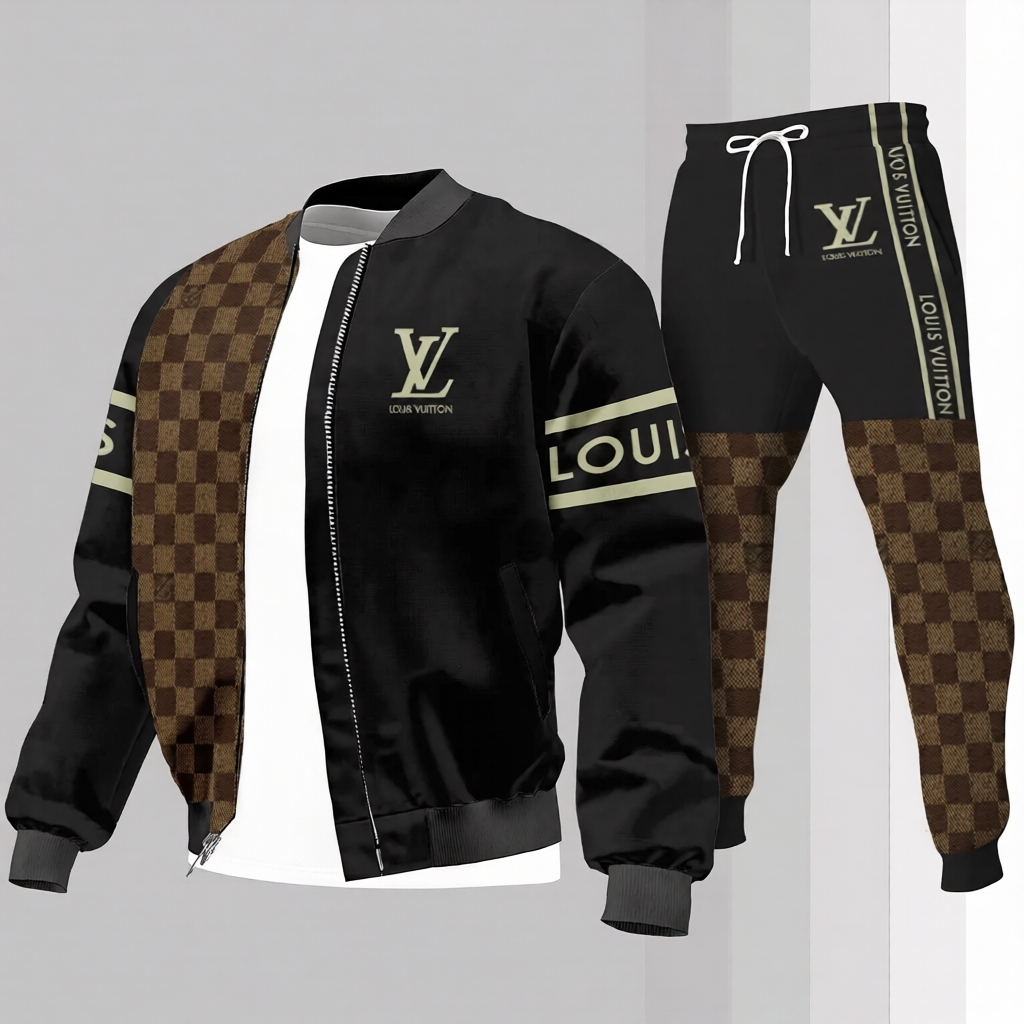 Louis Vuitton LV Brown Black Luxury Brand Premium Varsity Tracksuit Set Special Collection Fashion Style