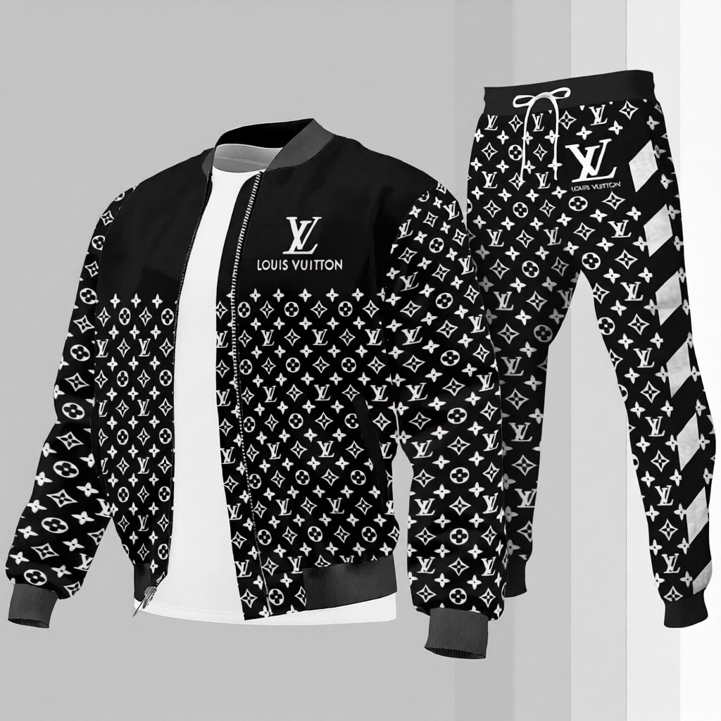 Louis Vuitton LV Black White Luxury Brand Premium Varsity Tracksuit Set Special Collection Fashion Style