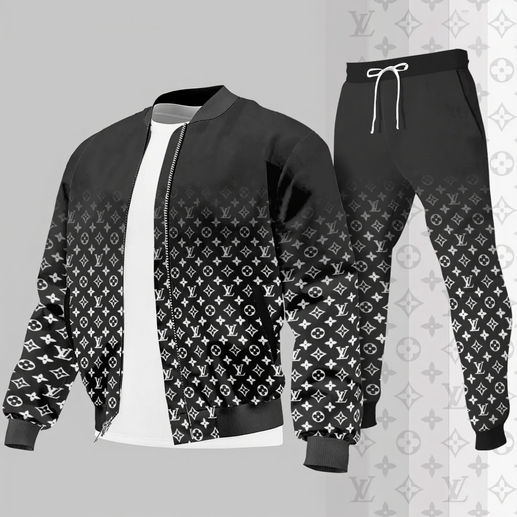 Louis Vuitton LV Black White Gradient Luxury Brand Premium Varsity Tracksuit Set Special Collection Fashion Style