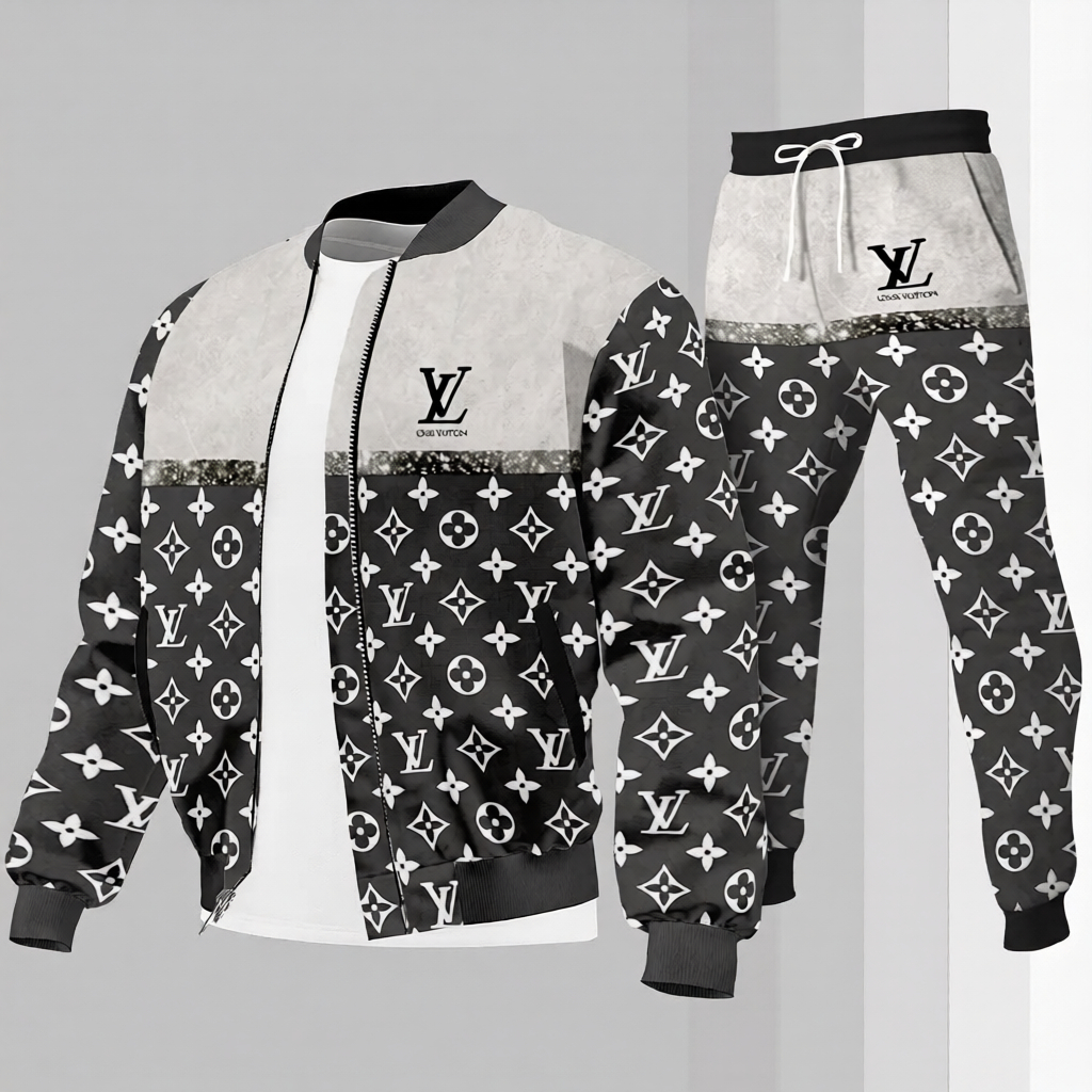 Louis Vuitton LV Black Grey Luxury Brand Premium Varsity Tracksuit Set Special Collection Fashion Style