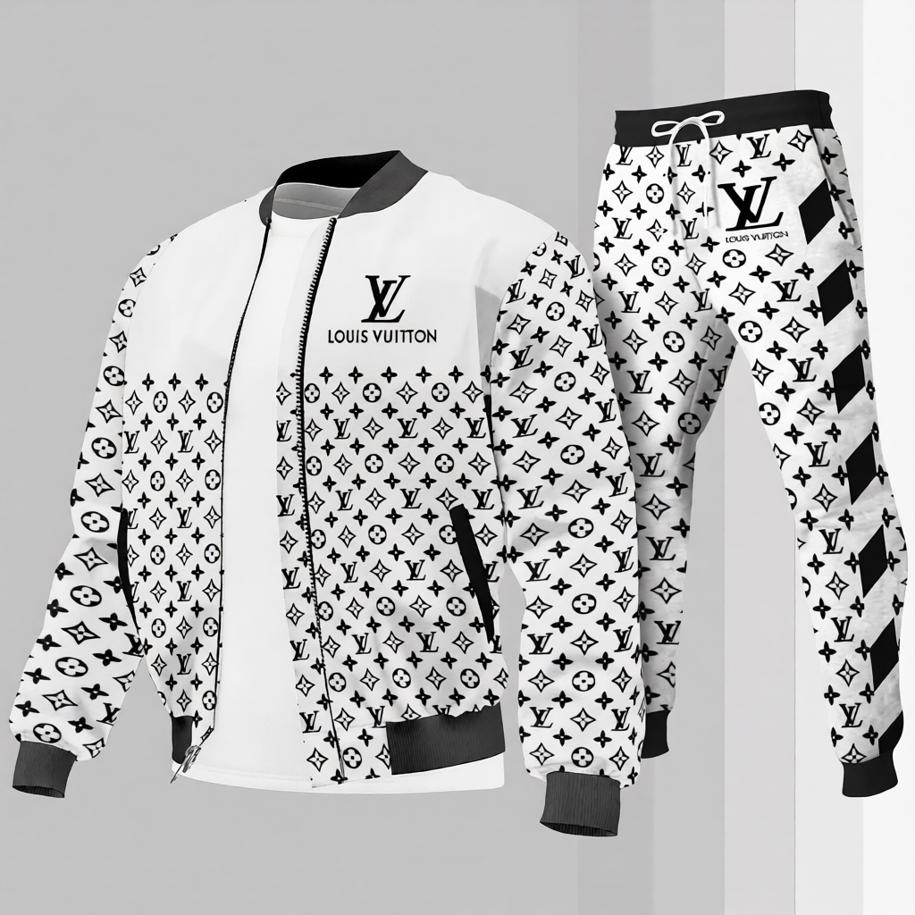 Louis Vuitton LV White Luxury Brand Premium Varsity Tracksuit Set Special Collection Fashion Style