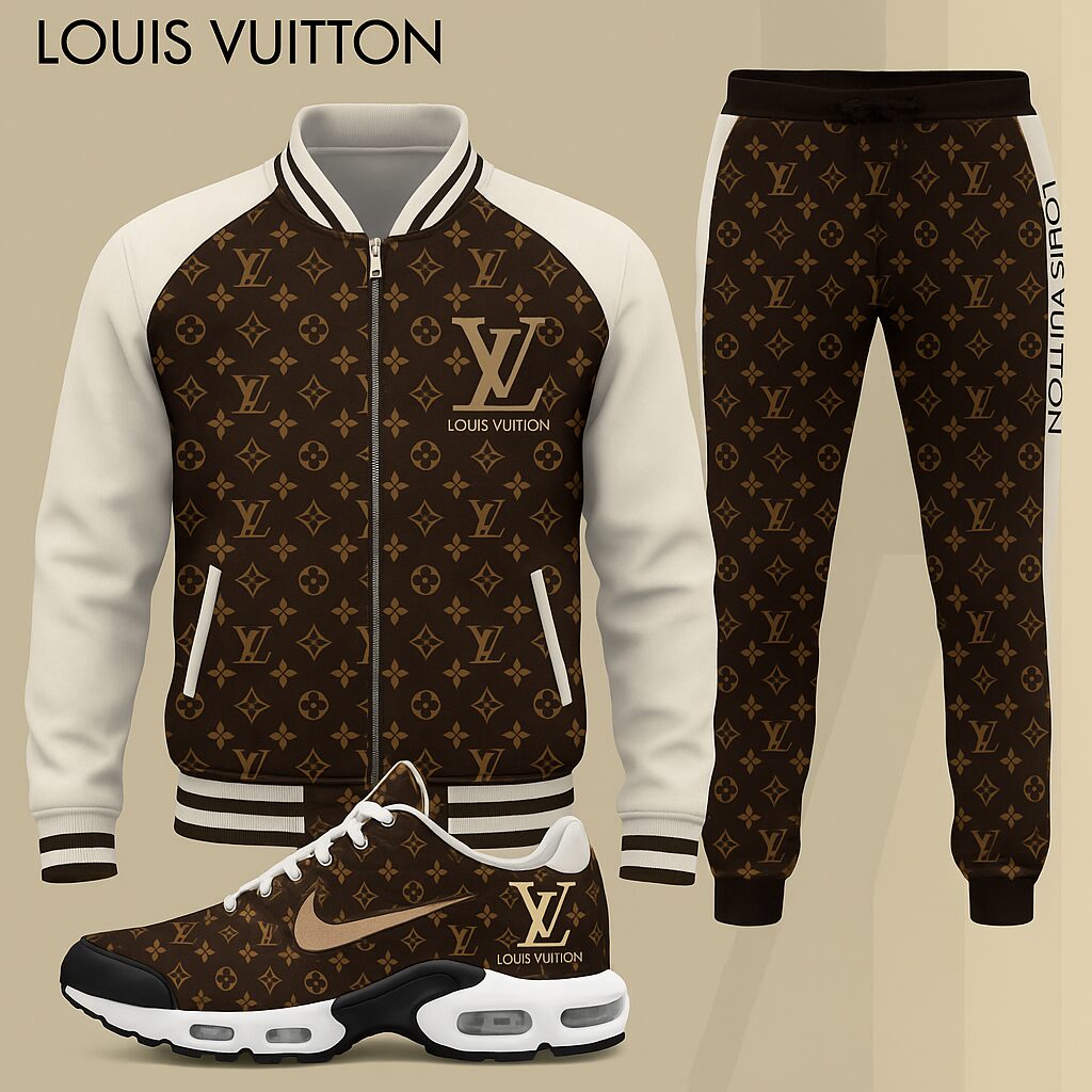 Louis Vuitton Brown Luxury Brand Premium Varsity Tracksuit Set Special Collection Fashion Style