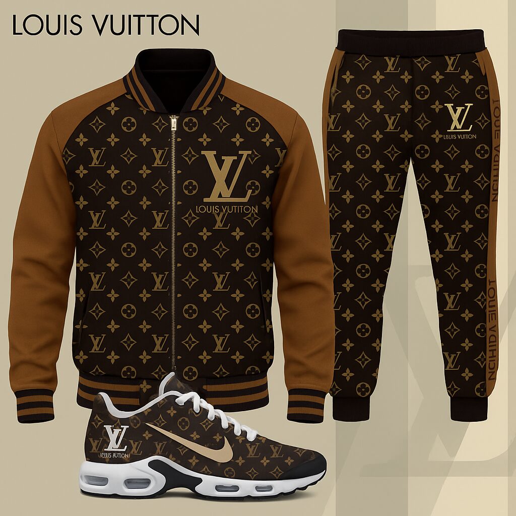 Louis Vuitton Logo Brown Luxury Brand Premium Varsity Tracksuit Set Special Collection Fashion Style