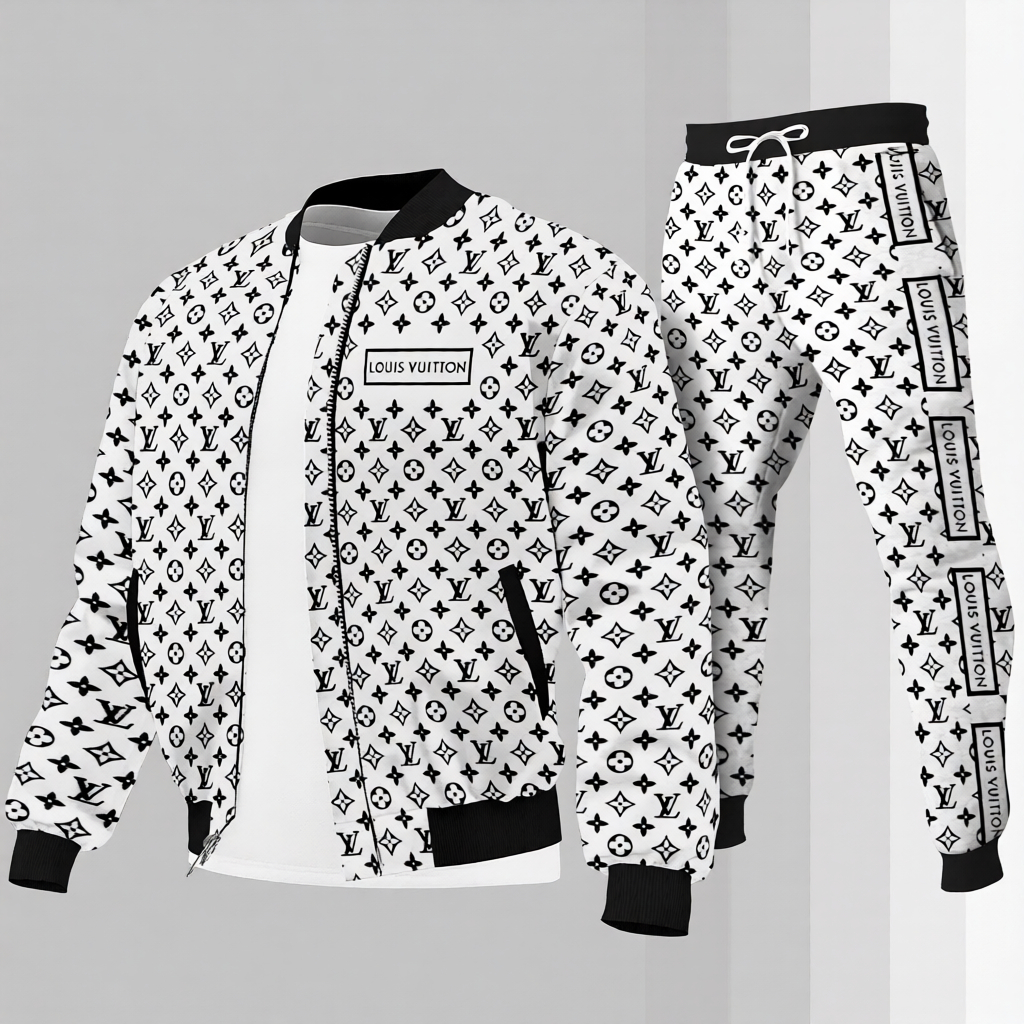 Louis Vuitton White Luxury Brand Premium Varsity Tracksuit Set Special Collection Fashion Style