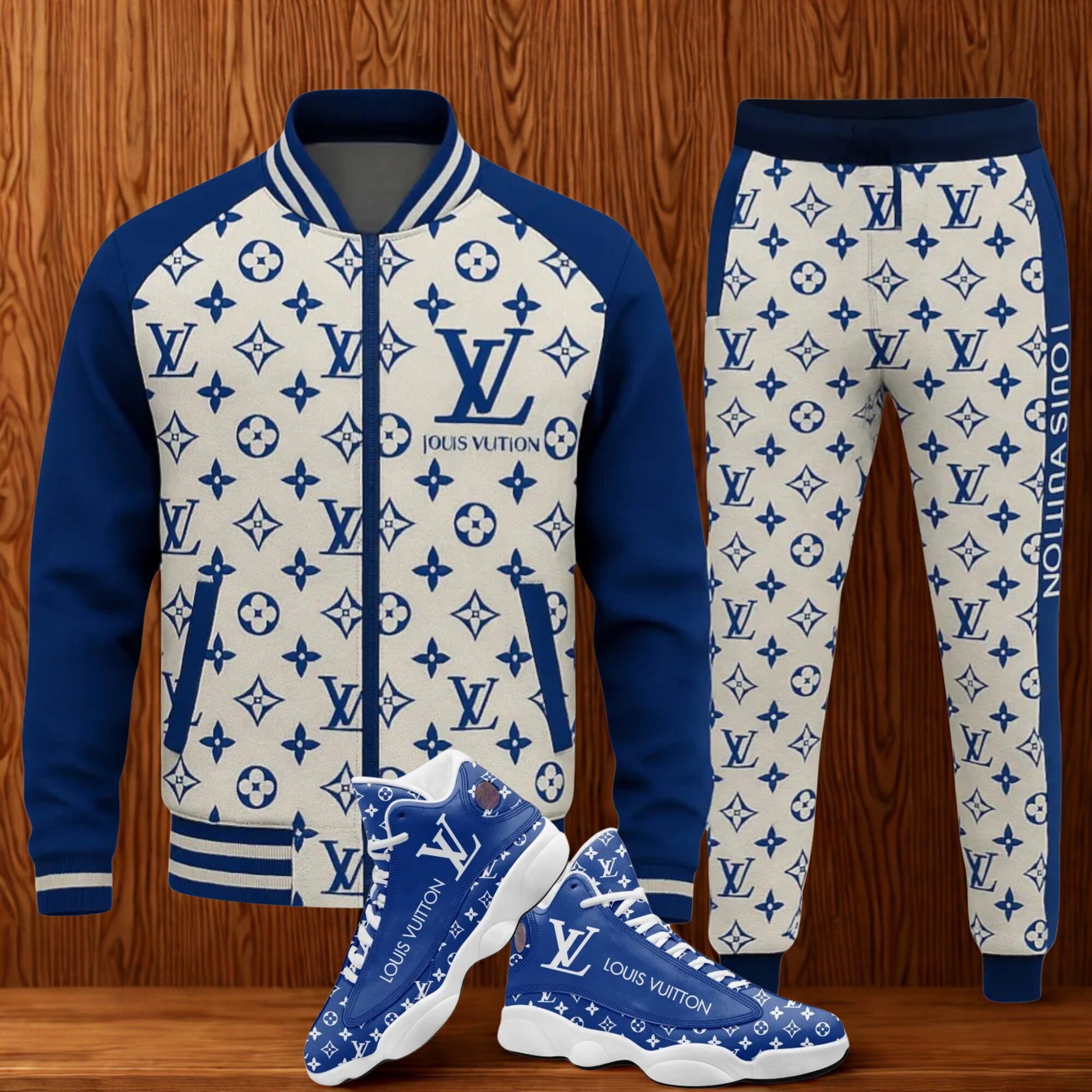 Louis Vuitton Blue Luxury Brand Premium Varsity Tracksuit Set Special Collection Fashion Style