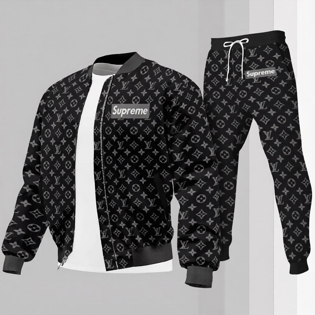 Louis Vuitton Supreme Black Luxury Brand Premium Varsity Tracksuit Set Special Collection Fashion Style