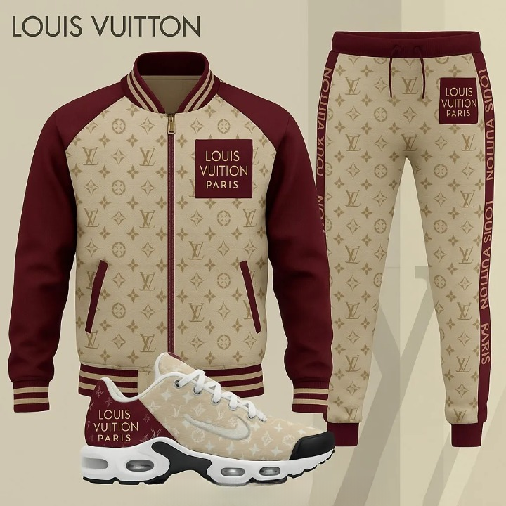 Louis Vuitton Paris Red Brown Luxury Brand Premium Varsity Tracksuit Set Special Collection Fashion Style