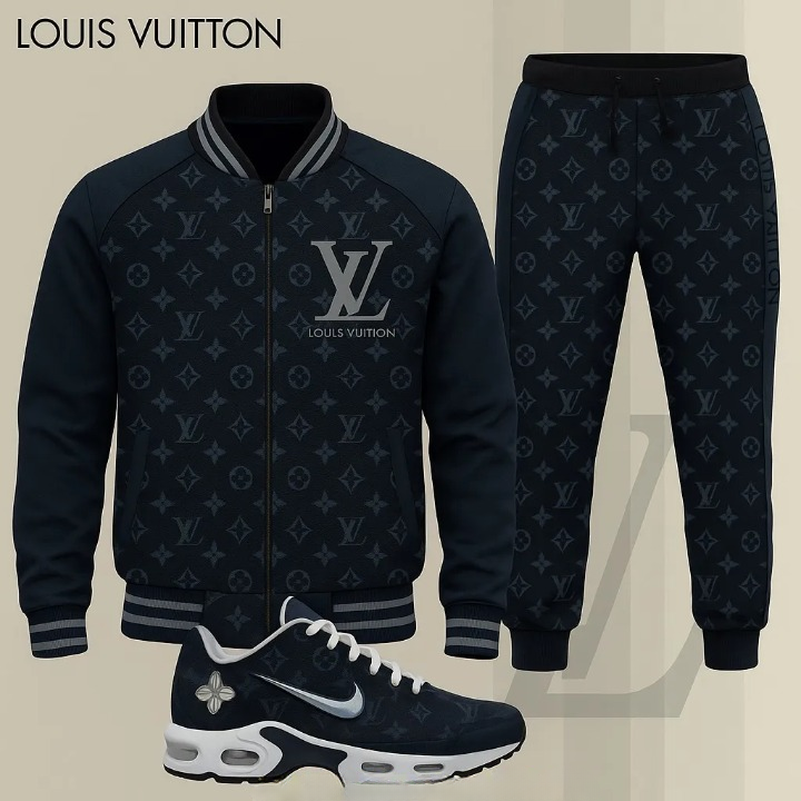 Louis Vuitton Paris Black Luxury Brand Premium Varsity Tracksuit Set Special Collection Fashion Style