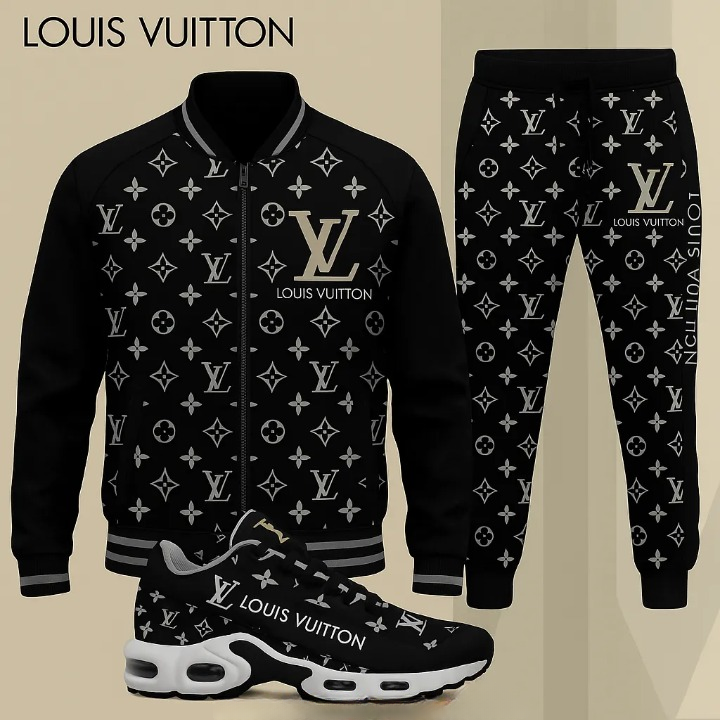 Louis Vuitton Pattern Black Luxury Brand Premium Varsity Tracksuit Set Special Collection Fashion Style
