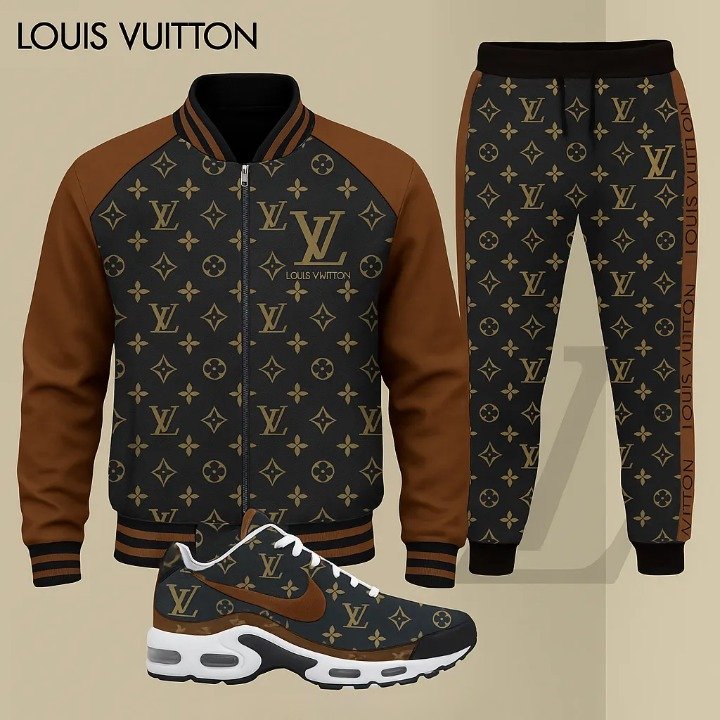 Louis Vuitton Pattern Brown Luxury Brand Premium Varsity Tracksuit Set Special Collection Fashion Style