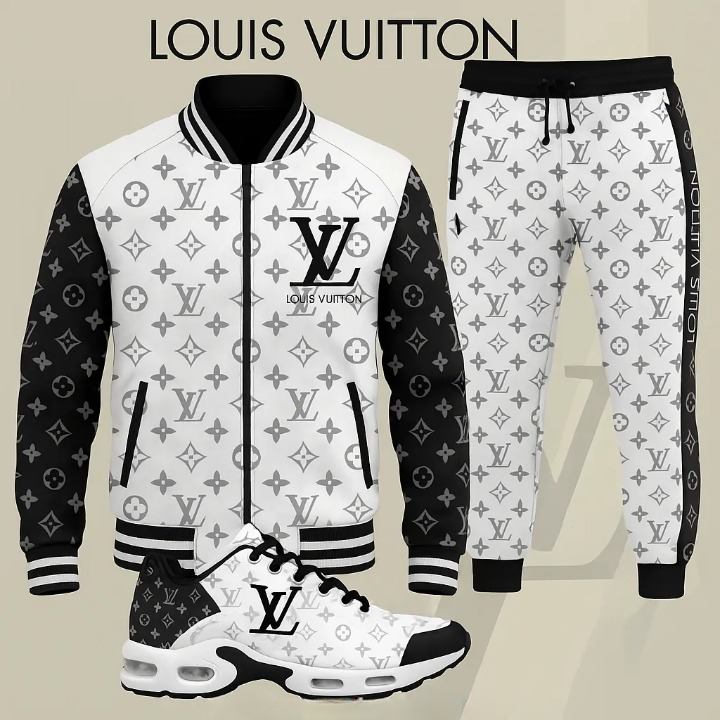 Louis Vuitton Pattern Black White Luxury Brand Premium Varsity Tracksuit Set Special Collection Fashion Style