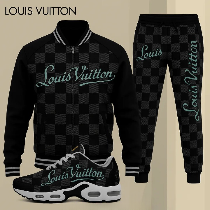 Louis Vuitton LV Black Luxury Brand Premium Varsity Tracksuit Set Fashion Collection Special Style