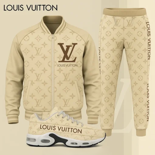 Louis Vuitton LV Beige Luxury Brand Premium Varsity Tracksuit Set Fashion Collection Special Style