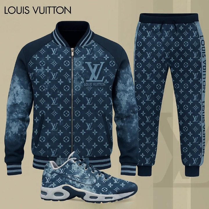 Louis Vuitton LV Blue Luxury Brand Premium Varsity Tracksuit Set Fashion Collection Special Style