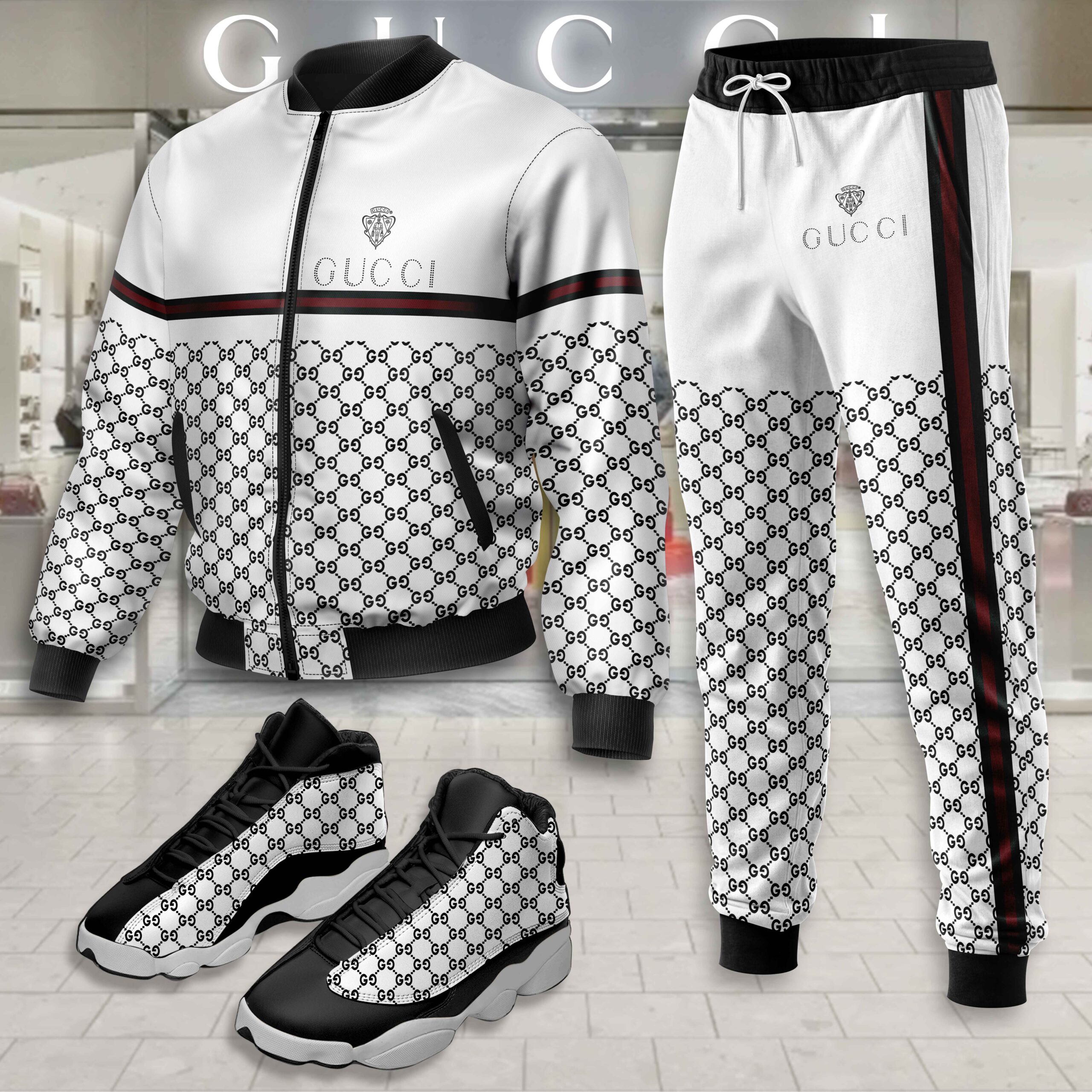 Gucci GC Logo Stripe White Luxury Brand Premium Varsity Tracksuit Set Fashion Collection Special Style