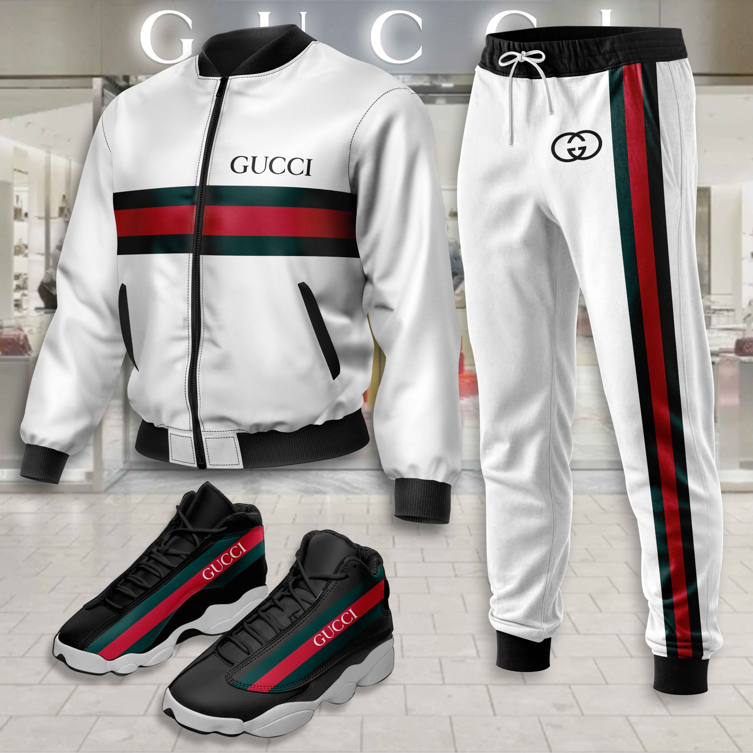 Gucci GC Logo White Luxury Brand Premium Varsity Tracksuit Set Fashion Collection Special Style